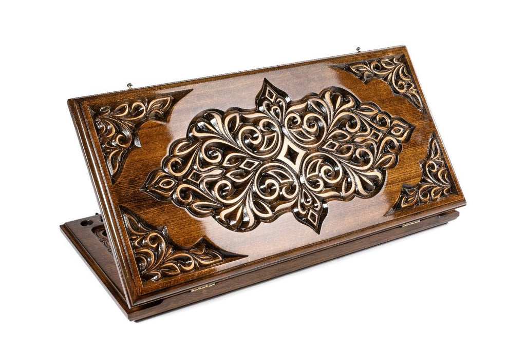 Handcrafted wooden backgammon board with Rococo classic carved design 23.6 inch