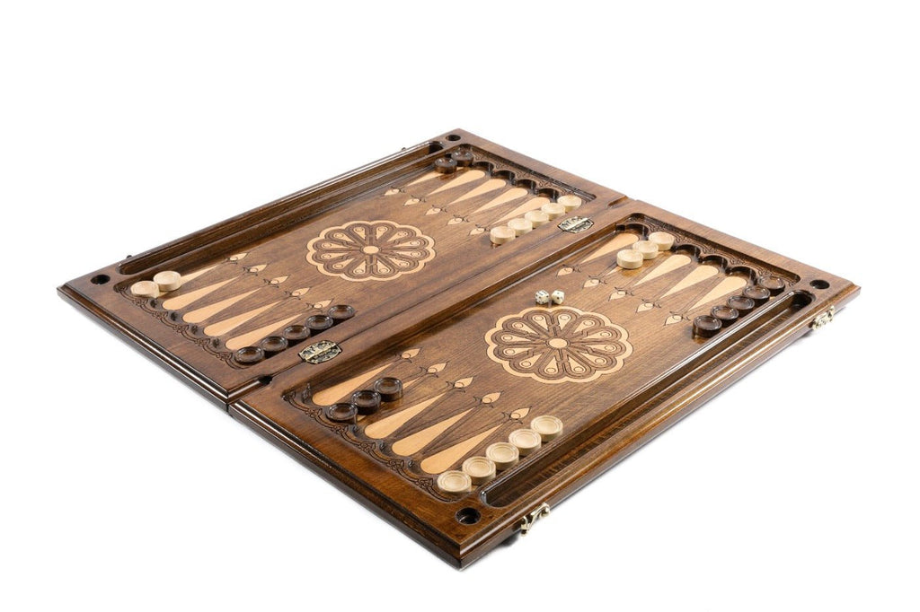 Wooden backgammon board with decorative Rococo inspired craftsmanship