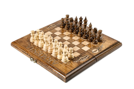 classic wooden chess set ARMENIA engraved with grape design