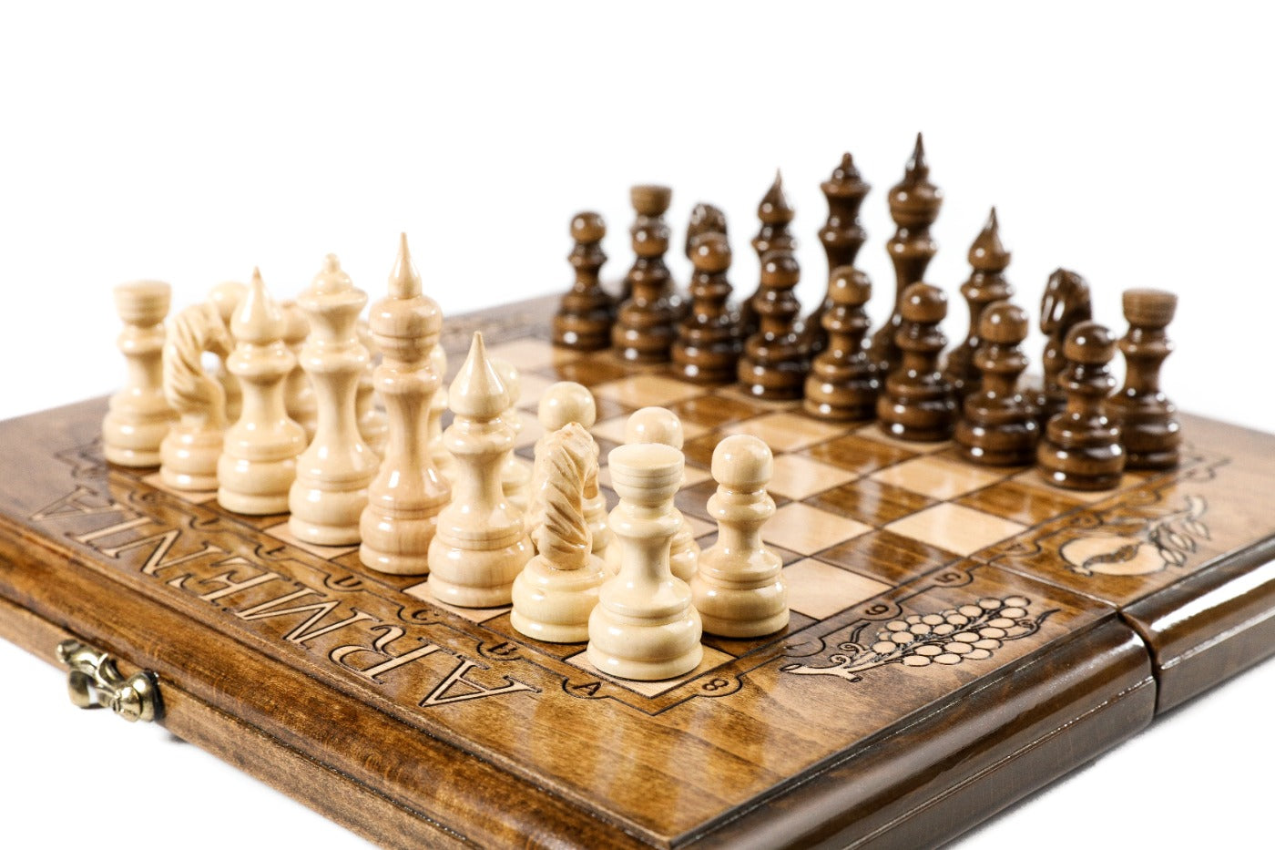 wooden chess board with grape carving and ARMENIA engraving