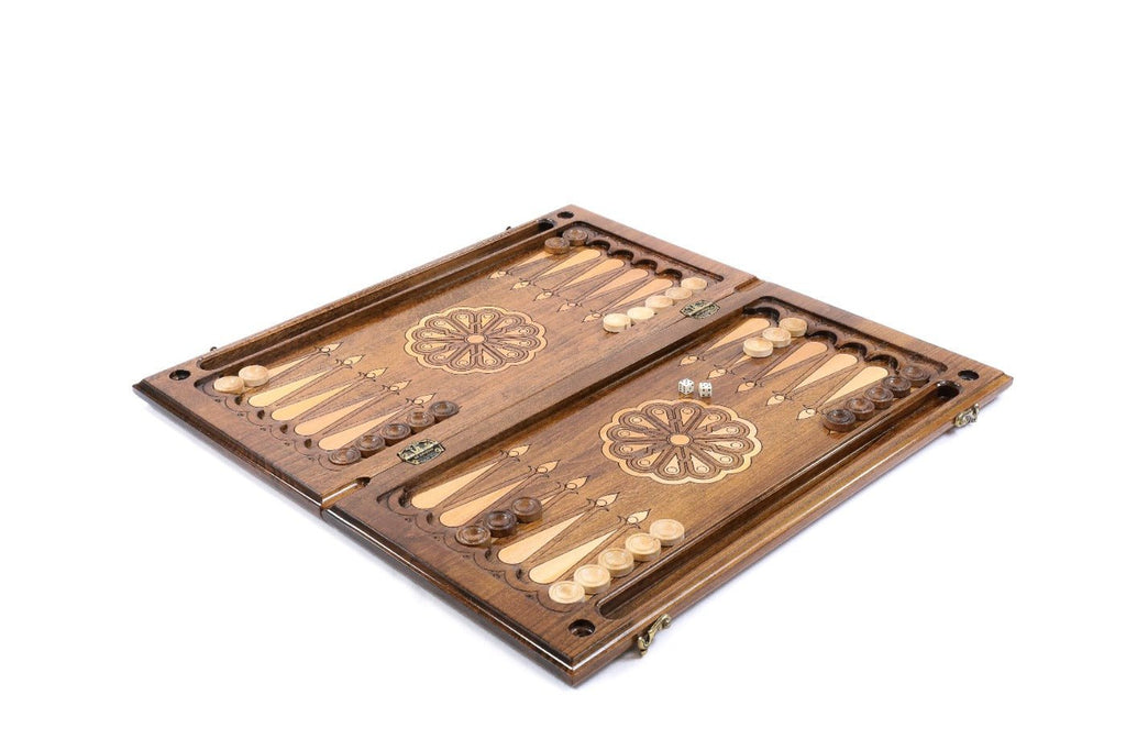 Large wooden backgammon board with symbolic lion craftsmanship