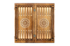 Lion backgammon set - playing pieces and dice arranged on the board