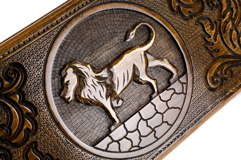 Handcrafted backgammon set with carved lion motif detailing