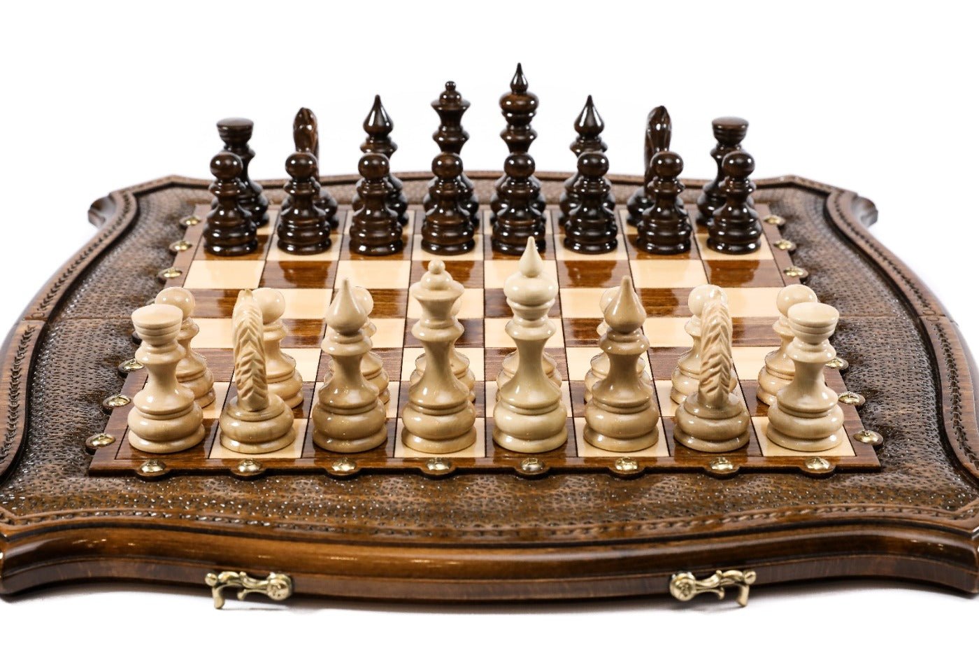 Contour Outline Chess Set with Bronze Details – Carved Wooden Chess Set - Unumperfectus