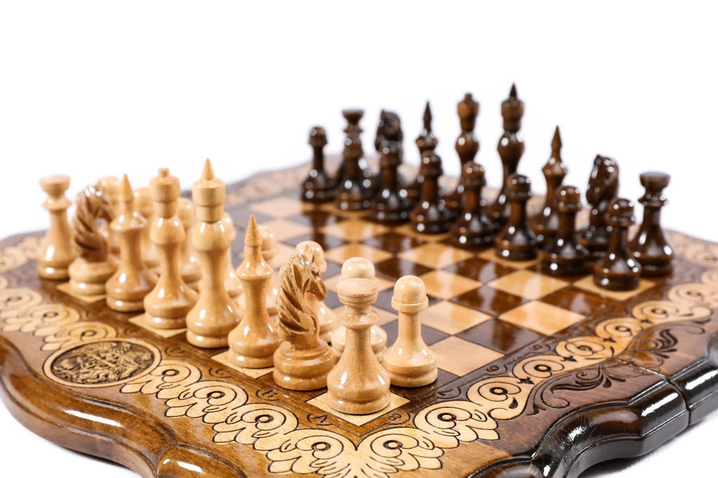 Wooden chess board featuring detailed Armenian national emblem craftsmanship