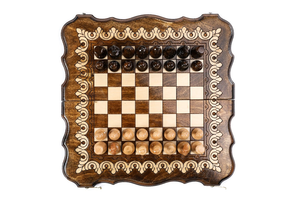 Top-down view of the ornament contour chess set with pieces in position