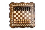 Top-down view of the ornament contour chess set with pieces in position