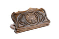 A frontal perspective of the closed wooden board showcasing the intricate heraldic carving of the Armenian Coat of Arms within the Ararat outline.