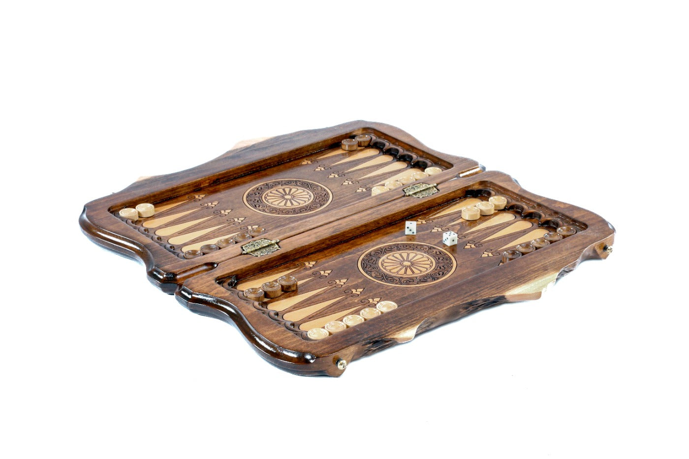 A close-up view focusing on the sharp details of the eagle and lion carvings on the rich, textured surface of the wood.