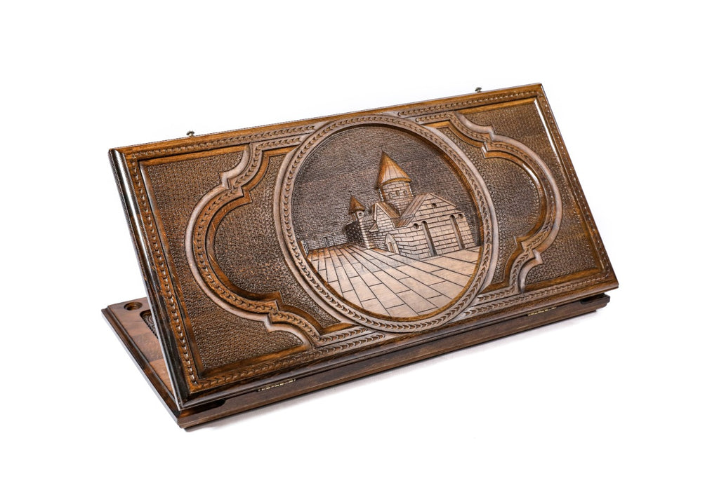 Closed Octagram backgammon board with hand-carved star motif and contour outline.