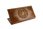 Closed Ornamental backgammon board with intricate hand-carved geometric patterns.