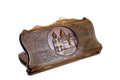 A frontal shot of the closed Etchmiadzin backgammon board featuring the cathedral relief carved inside the copyrighted Mount Ararat outline.