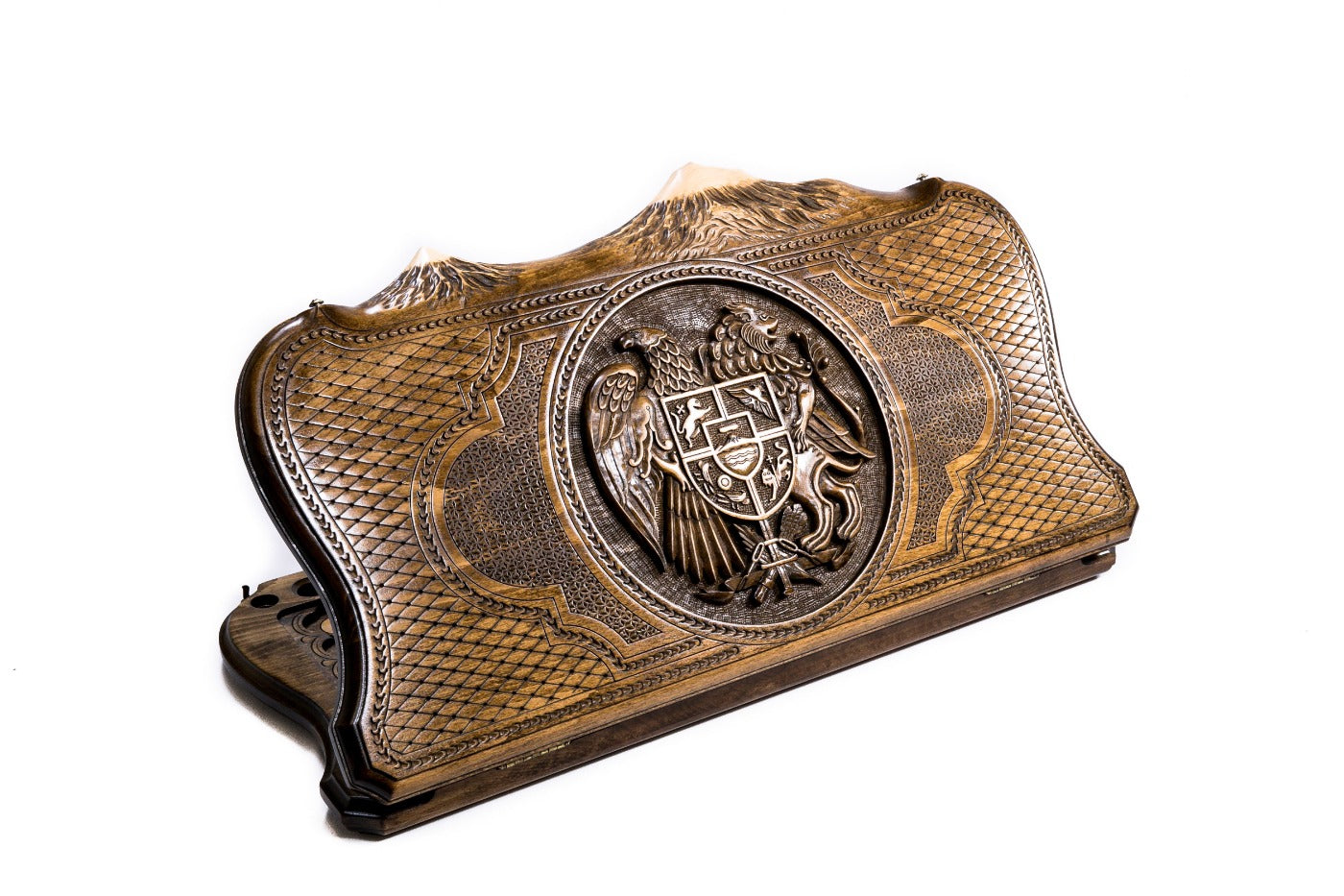 A frontal shot of the closed Armenian Coat of Arms backgammon board carved inside the copyrighted Mount Ararat outline.