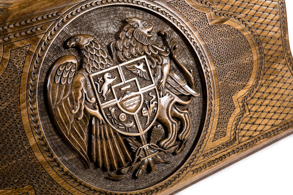 The interior view of the open Hrachya Ohanyan Armenian emblem board highlighting the smooth wood finish and professional playing lanes.