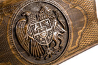 The interior view of the open Hrachya Ohanyan Armenian emblem board highlighting the smooth wood finish and professional playing lanes.