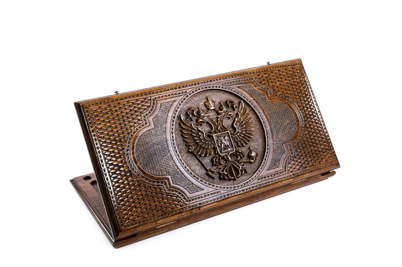 A frontal shot of the closed Russian Federation Coat of Arms classic backgammon board showing the detailed double-headed eagle relief carving.