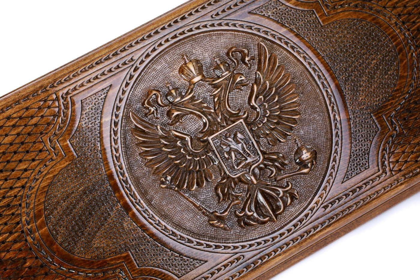 The interior view of the open Hrachya Ohanyan Russian emblem set highlighting the smooth wood finish and professional pips.