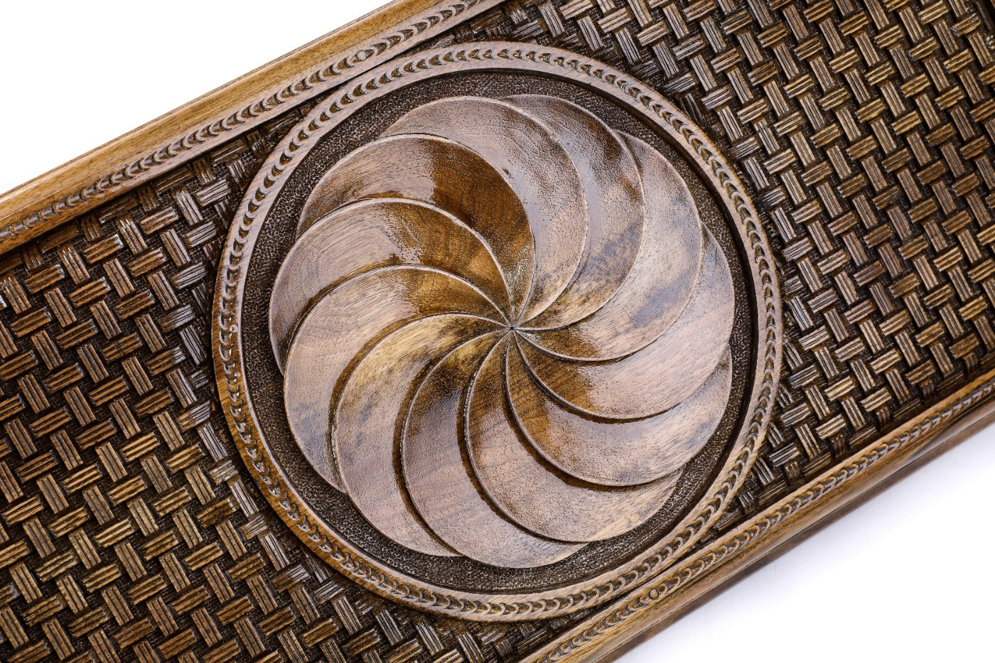 The interior view of the open Hrachya Ohanyan Eternity set highlighting the smooth wood finish and professional playing lanes.