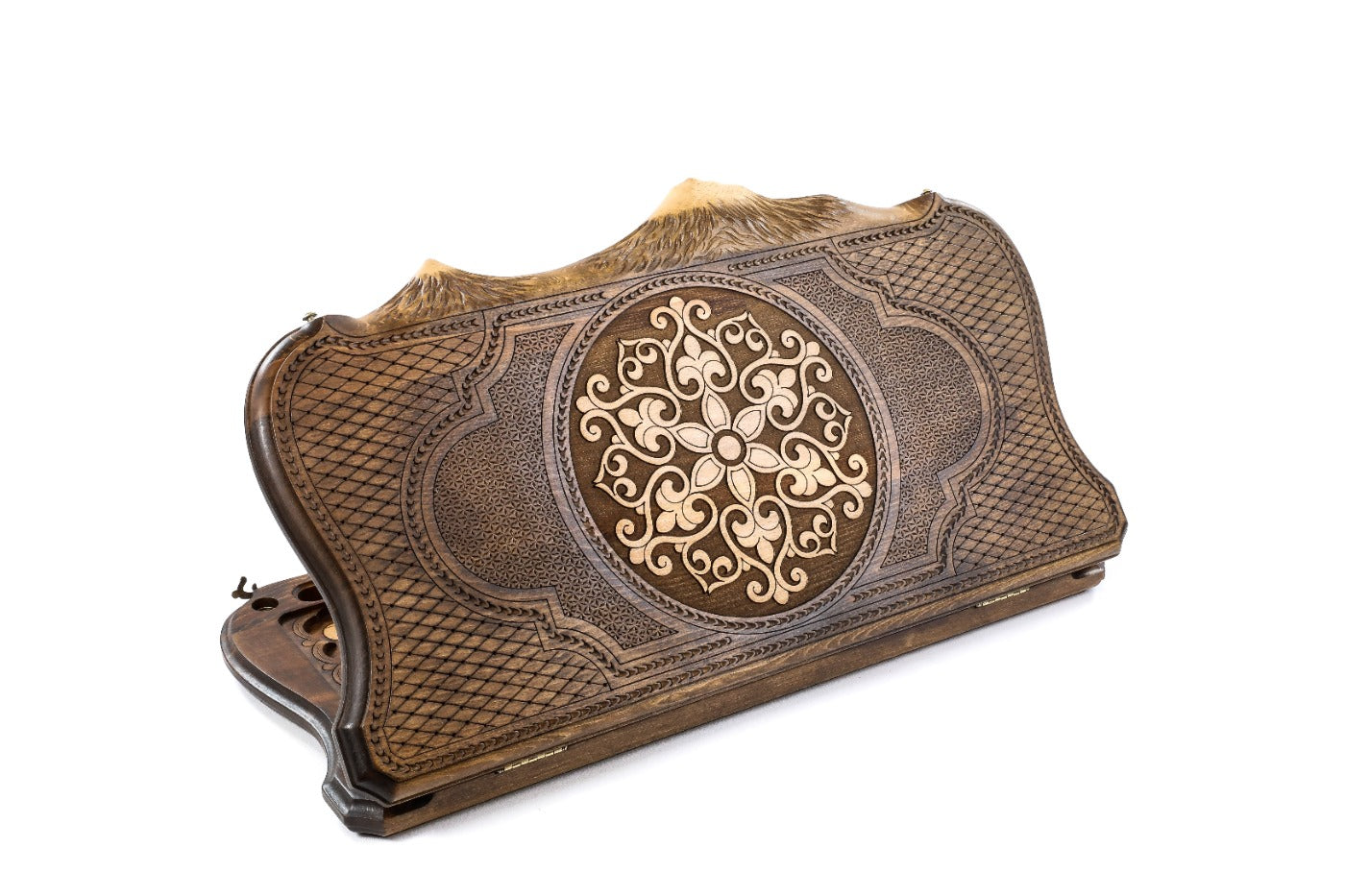 A frontal shot of the closed Snowflake Motif backgammon board featuring the central geometric relief inside the copyrighted Mount Ararat outline.