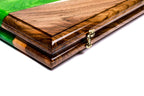 River Epoxy Two Sided backgammon board - playing pieces and dice arranged on the board