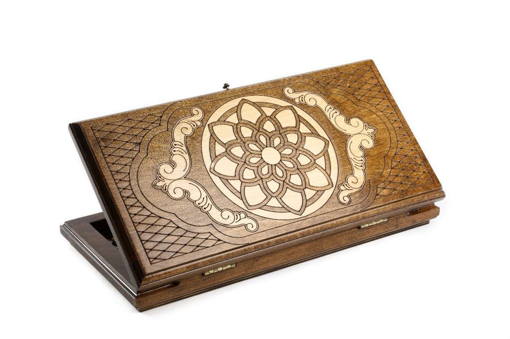 Handcrafted wooden backgammon board with ornamental motif design 15.7 inch