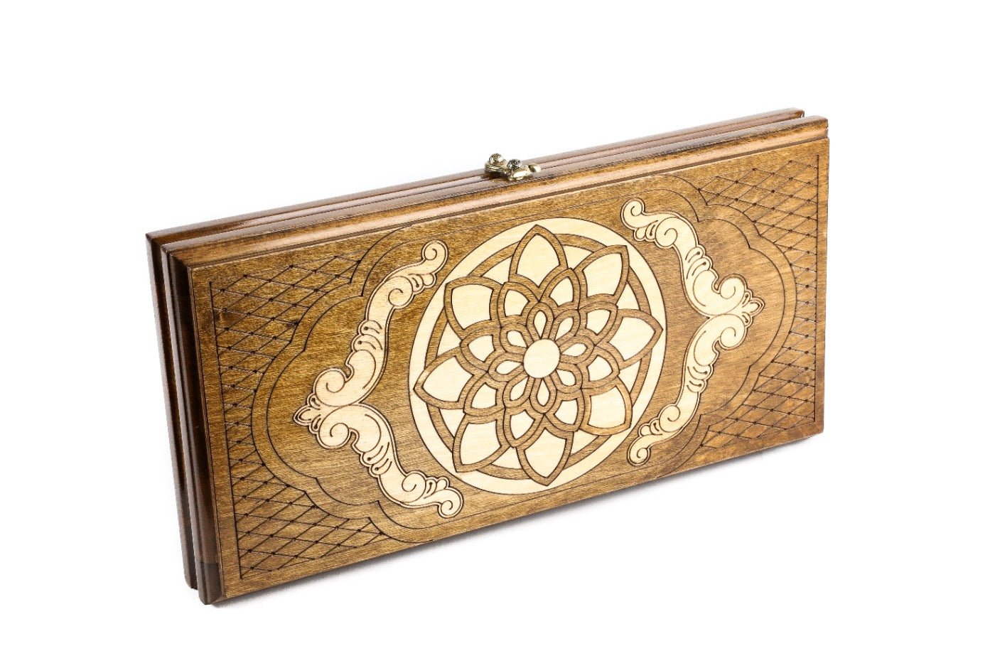 Classic wooden backgammon board with handcrafted ornamental motif design