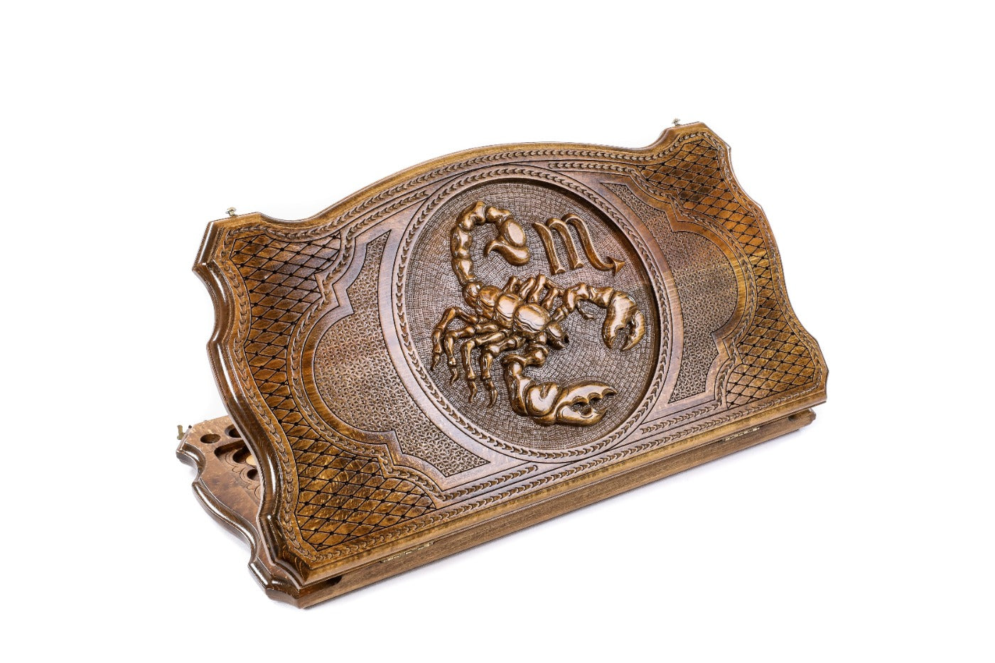 A frontal shot of the closed Scorpio Zodiac backgammon board featuring the scorpion relief within the copyrighted contour outline.