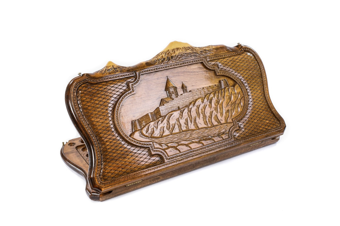 A frontal shot of the closed Khor Virap backgammon board featuring the monastery relief carved inside the copyrighted Mount Ararat outline.