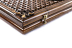 Pomegranate Grapes backgammon board - playing pieces and dice arranged on the board
