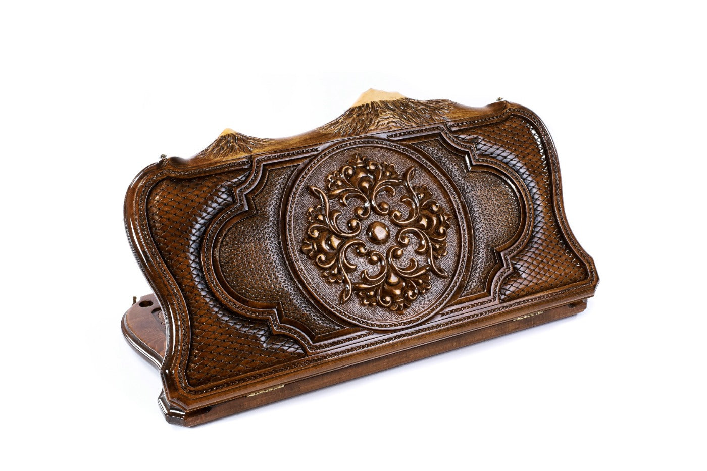 A frontal shot of the closed Ornamental Motif backgammon board featuring intricate patterns carved inside the copyrighted Mount Ararat outline.