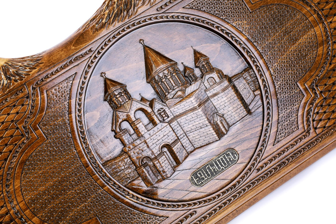 The interior view of the open Hrachya Ohanyan Etchmiadzin set highlighting the smooth wood finish and professional-grade pips.