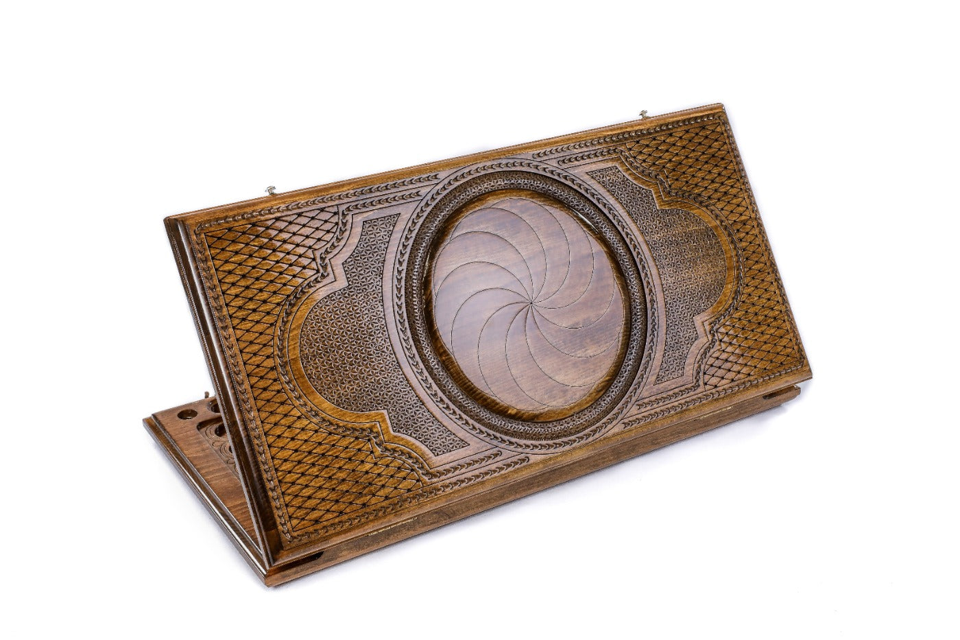Exterior view of the classic wooden backgammon board showcasing the traditional Eternity design.