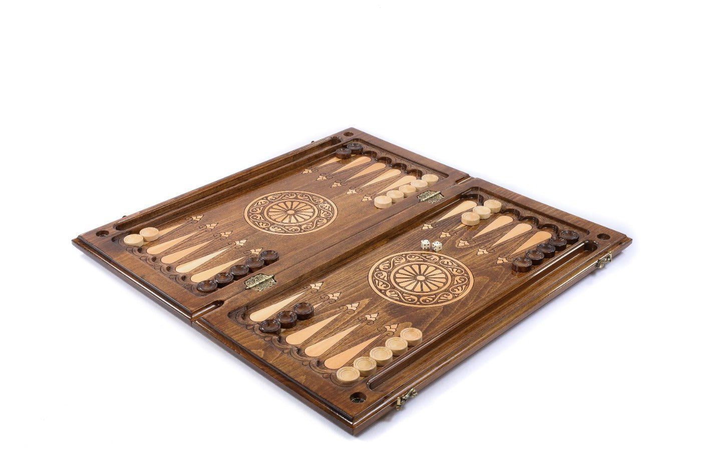 Close-up of the carved Eternity symbol and precise solid wood finish on the backgammon set exterior.