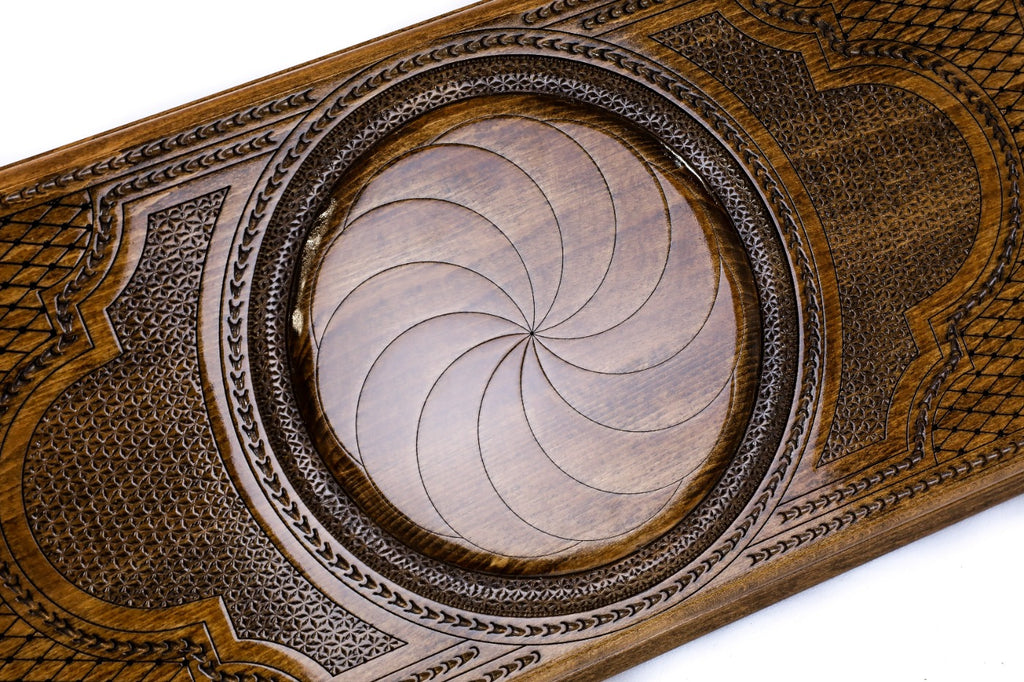 Open Armenian backgammon set displaying the smooth interior playing surface and setup.