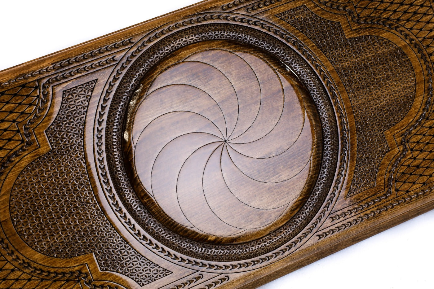 Open Armenian backgammon set displaying the smooth interior playing surface and setup.