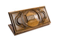 A frontal shot of the closed Garni Temple classic backgammon board showing the detailed colonnade relief carving.