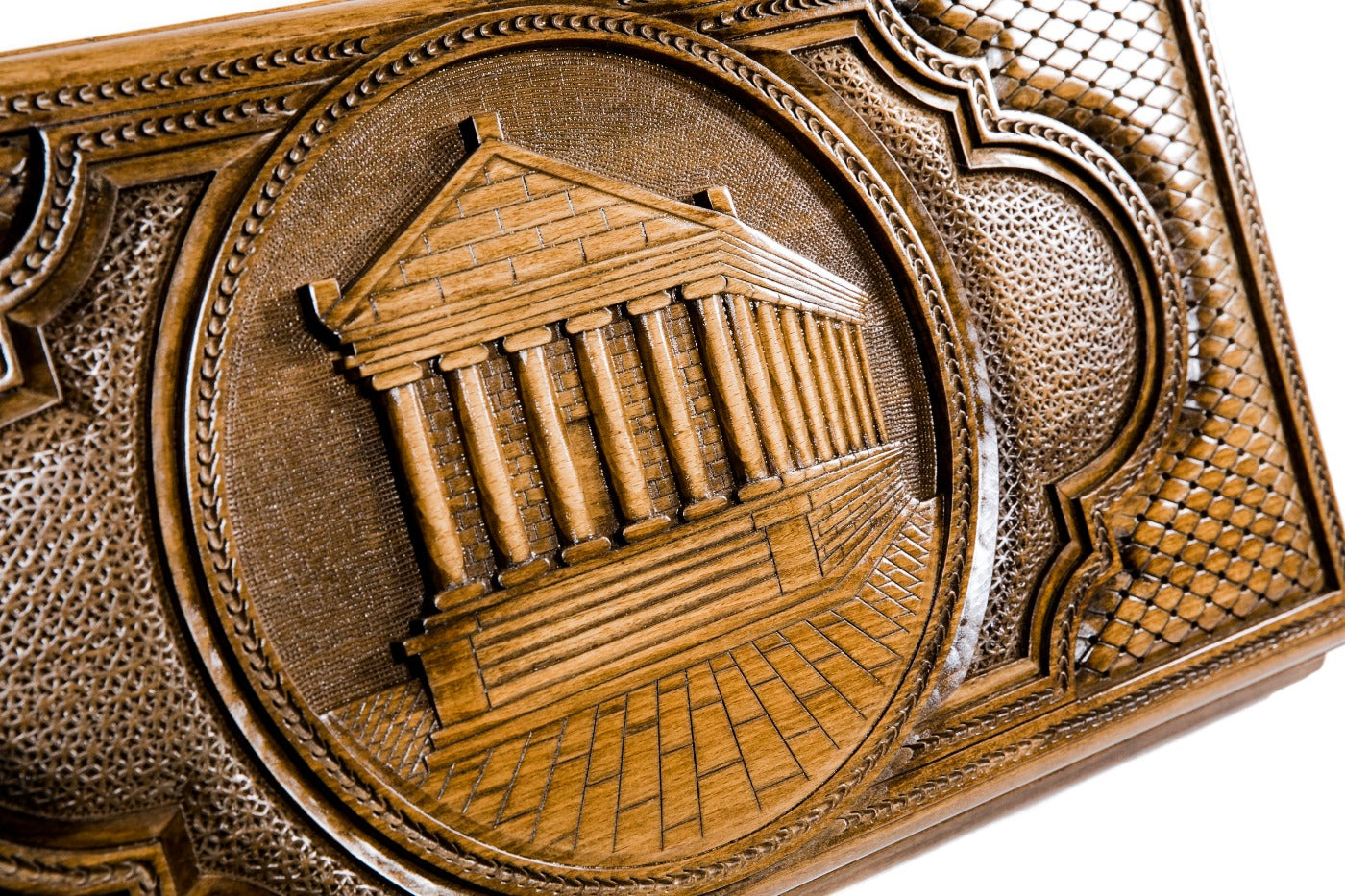 The interior view of the open Hrachya Ohanyan Garni board highlighting the smooth wood finish and professional playing lanes.