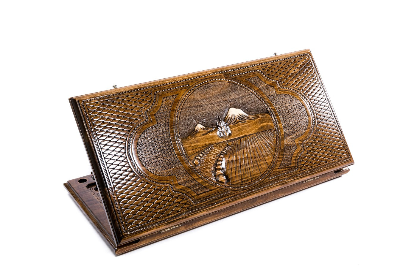A frontal shot of the closed Mount Ararat classic backgammon board showing the detailed mountain peak relief carving.