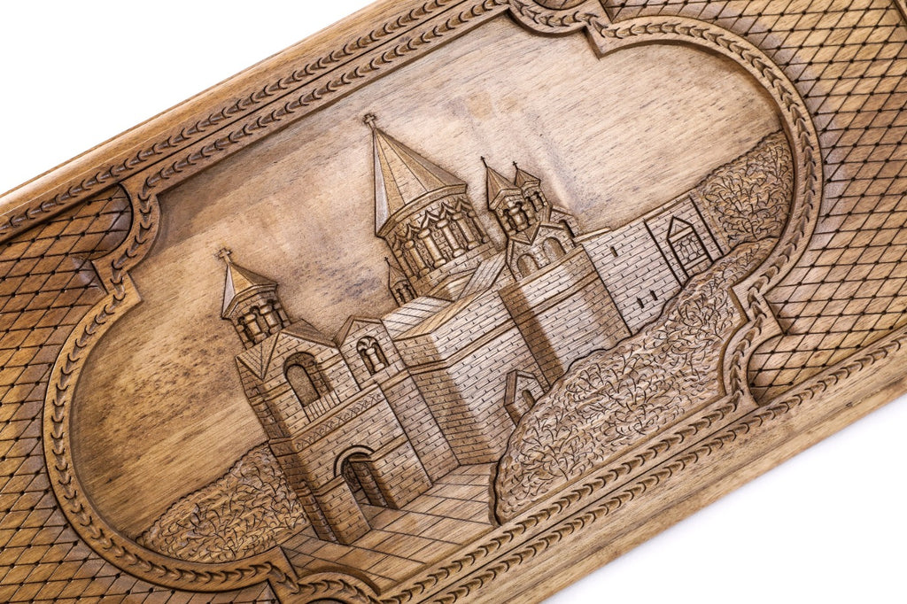 The interior view of the open Hrachya Ohanyan Etchmiadzin set highlighting the premium wood incrustation and polished surface.