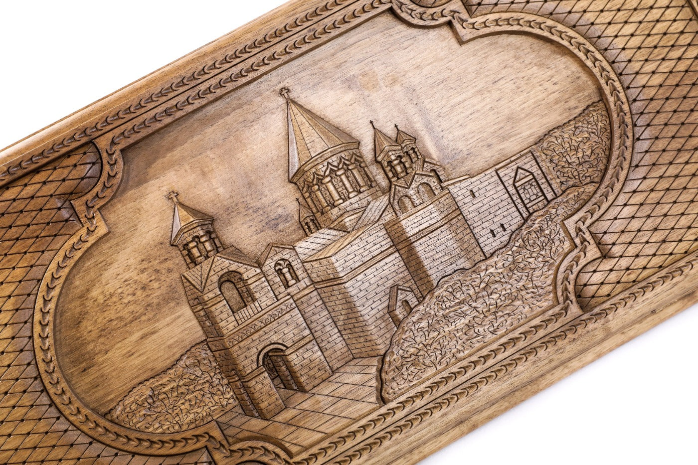 The interior view of the open Hrachya Ohanyan Etchmiadzin set highlighting the premium wood incrustation and polished surface.