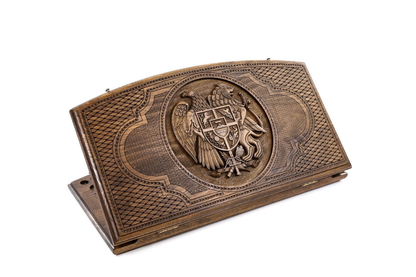 A frontal shot of the closed Armenian Coat of Arms backgammon board carved inside the copyrighted Arch-Style outline.