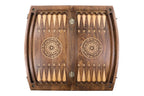 Coat of Arms of Armenia Arch Style backgammon board - playing pieces and dice arranged on the board