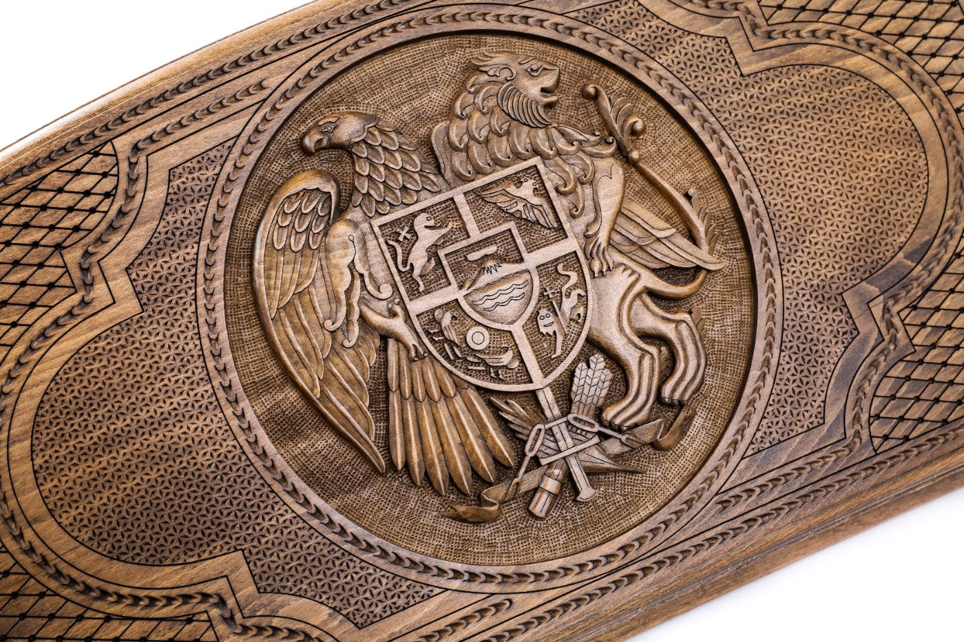 The interior view of the open Hrachya Ohanyan Arch-Style emblem board highlighting the smooth wood finish and professional playing lanes.