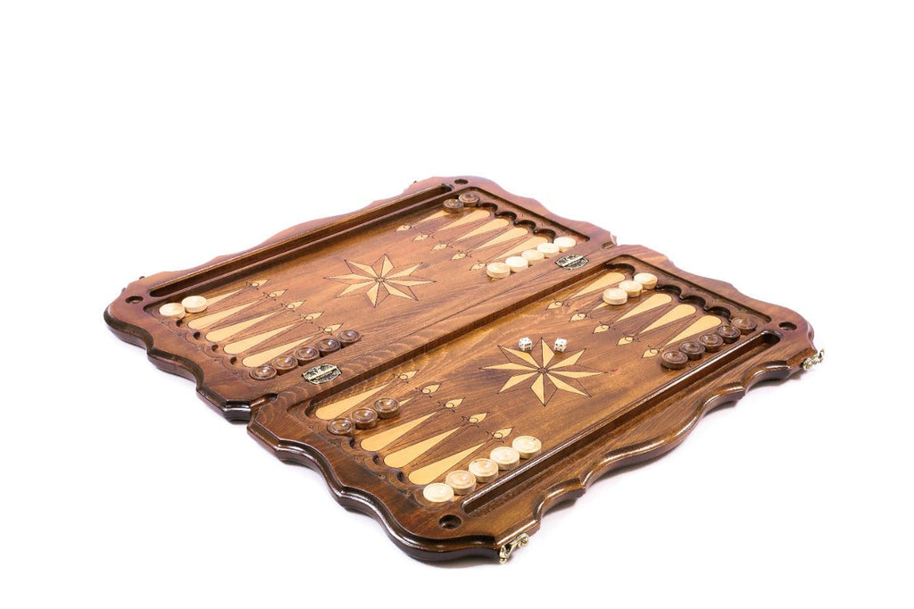 Large wooden backgammon board with geometric ornamental craftsmanship
