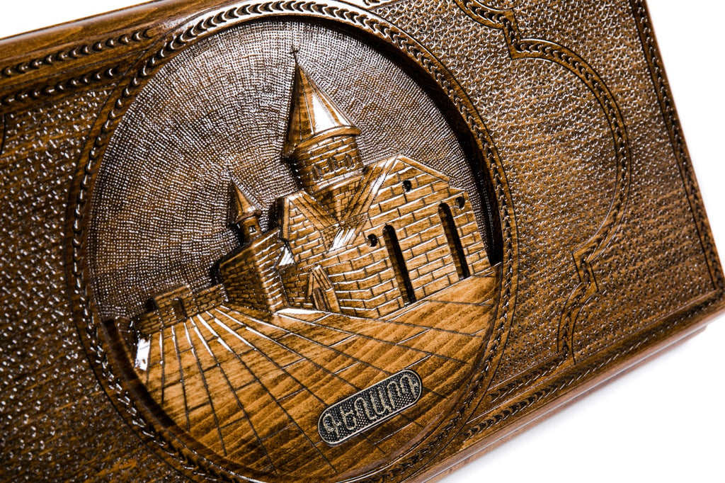 The interior view of the open Hrachya Ohanyan Geghard board highlighting the smooth wood finish and professional pips.