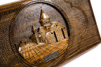 The interior view of the open Hrachya Ohanyan Geghard board highlighting the smooth wood finish and professional pips.