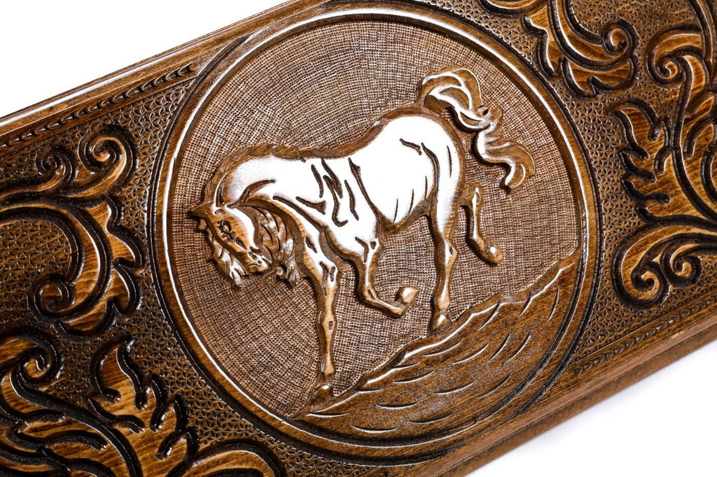 Handcrafted backgammon set with carved horse motif detailing