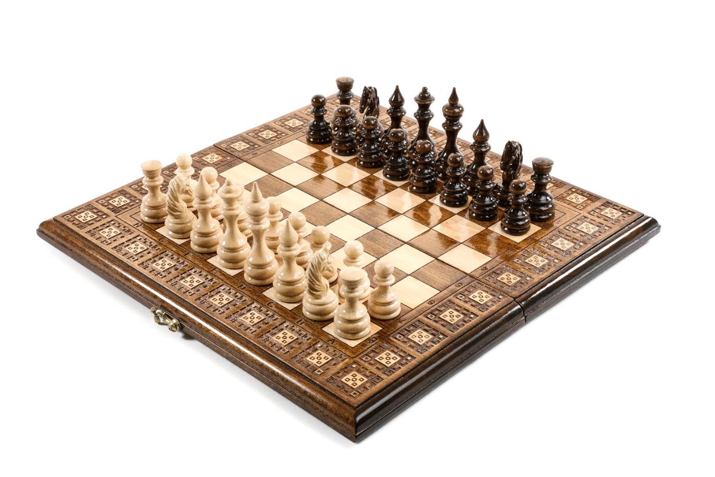 Wooden chess set and backgammon board with classic carpet pattern beech wood 15.7 inch