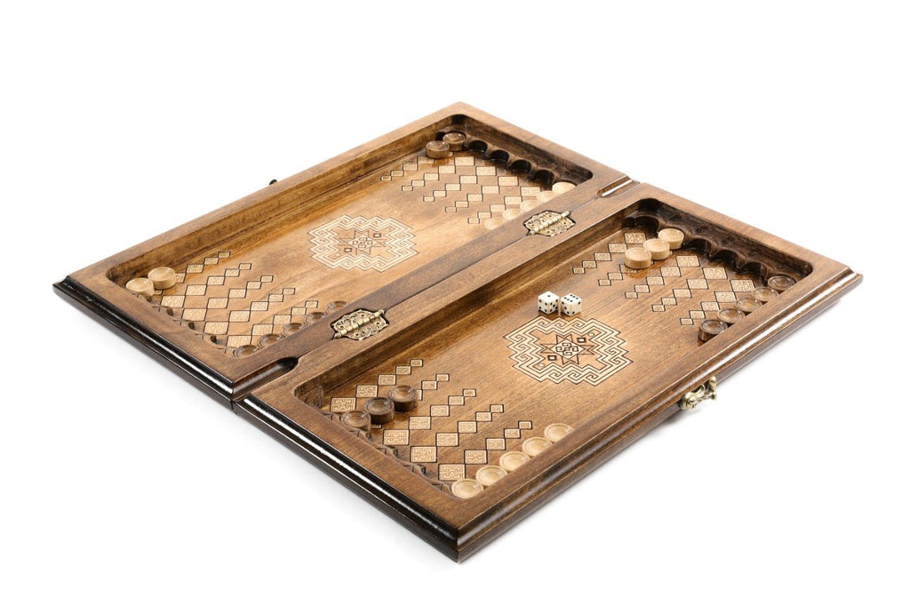Beech wood chess and backgammon set traditional carpet inspired pattern board