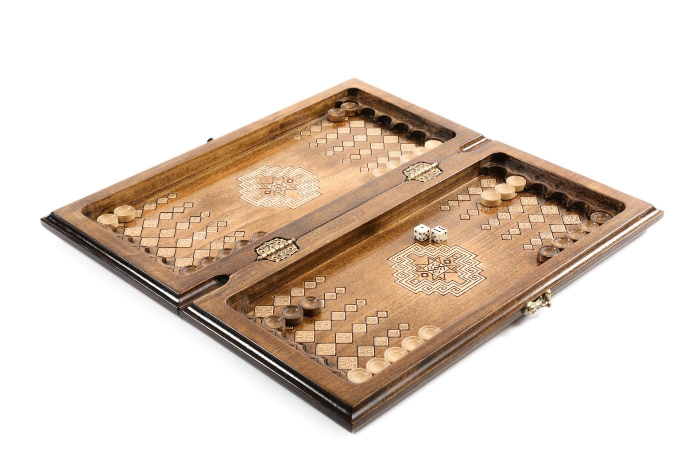 Beech wood chess and backgammon set traditional carpet inspired pattern board